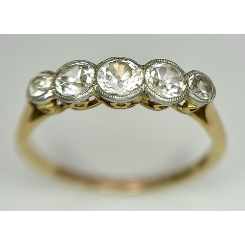 85 - A Vintage 18K Yellow Gold Five Stone Diamond Ring. 0.85ct brilliant round cut diamonds. Size P. 2.3g... 