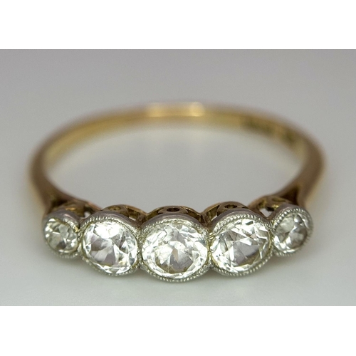 85 - A Vintage 18K Yellow Gold Five Stone Diamond Ring. 0.85ct brilliant round cut diamonds. Size P. 2.3g... 