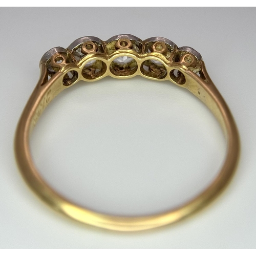 85 - A Vintage 18K Yellow Gold Five Stone Diamond Ring. 0.85ct brilliant round cut diamonds. Size P. 2.3g... 