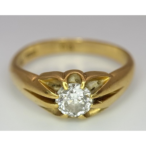 92 - An 18K Yellow Gold 0.85ct Diamond Solitaire Ring. Brilliant round cut. Size U. 6.25g total weight.