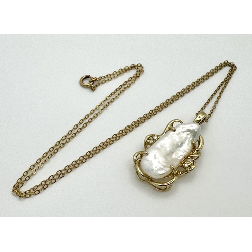 451 - A Very Unique and Stunning 9 Carat Yellow Gold Baroque Freshwater Pearl and Diamond Open Work Pendan... 