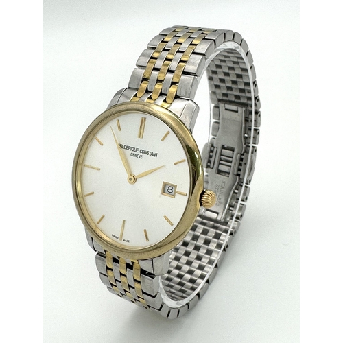 1094 - A Vintage Frederique Constant Quartz Gents Watch. Two tone bracelet and case - 37mm. Silver tone dia... 