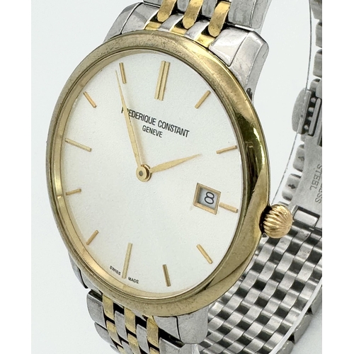 1094 - A Vintage Frederique Constant Quartz Gents Watch. Two tone bracelet and case - 37mm. Silver tone dia... 