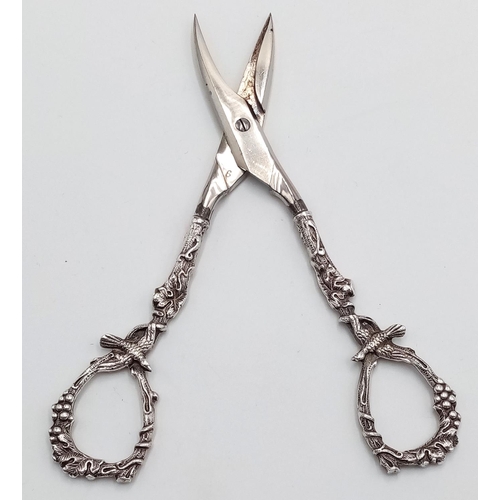 1198 - A Pair of Vintage Decorative Silver-Handled Scissors. Ornate love bird decoration. 16cm.