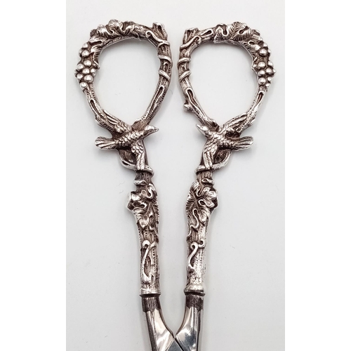 1198 - A Pair of Vintage Decorative Silver-Handled Scissors. Ornate love bird decoration. 16cm.