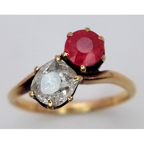 1100 - A 14K Yellow Gold (tested) Ruby and Diamond Ring. Size N, 3.18g total weight.