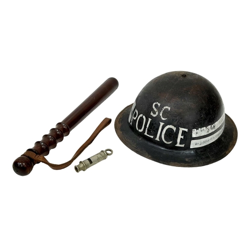 293 - WW2 British Home Front Special Constable’s Helmet, Truncheon and Whistle. An attic find during a hou... 