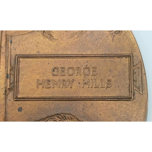 458 - A WW1 Bronze Death Plaque Relating to British Army Gunner George Henry Hills Killed in Action on the... 