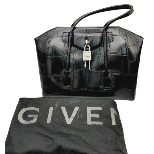 347 - A Givenchy Antigona Hand/Shoulder bag. Croc embossed black leather exterior and silver tone lock dec... 