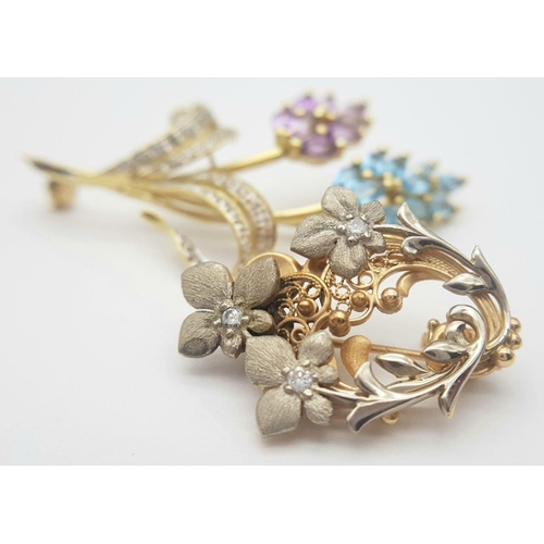 403 - Two 14K Gold Vintage Gemstone Set Brooches. A diamond floral brooch - 3x 2cm and a diamond, amethyst... 