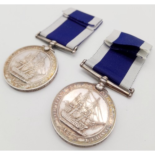 709 - A family pair of Royal Navy Long Service & Good Conduct Medals: Father: RN LSGC Queen Victoria narro... 