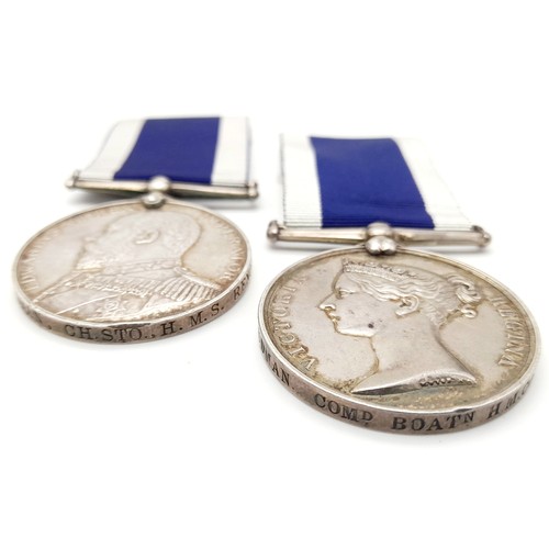 709 - A family pair of Royal Navy Long Service & Good Conduct Medals: Father: RN LSGC Queen Victoria narro... 