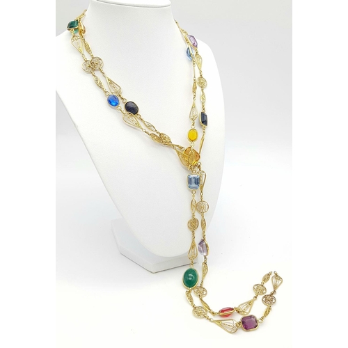 354 - A Captivating 18K Gold (tested) Rope Length Multi-Gem Set Necklace. Includes: Ruby, amethyst, citrin... 