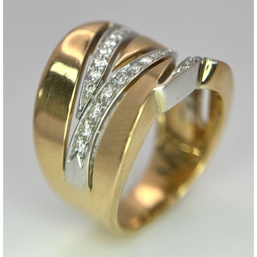 37 - An 18K Two-Tone Diamond Fancy Band Ring. 10.7g total weight. 0.18ct diamond. Size N. SHI604I