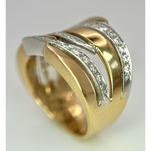 37 - An 18K Two-Tone Diamond Fancy Band Ring. 10.7g total weight. 0.18ct diamond. Size N. SHI604I