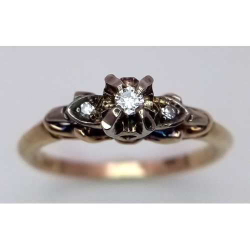 65 - A 14K Yellow Gold Diamond Vintage Trilogy Ring. 2.1g total weight. 0.05ct diamond weight. Size L. JM... 