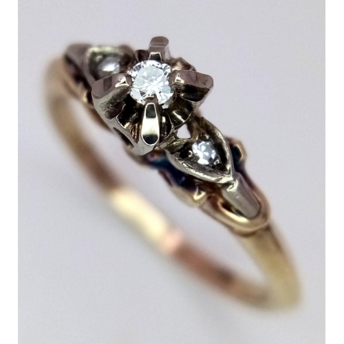 65 - A 14K Yellow Gold Diamond Vintage Trilogy Ring. 2.1g total weight. 0.05ct diamond weight. Size L. JM... 