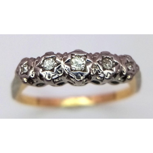 79 - An 18K Yellow Gold (tested as) Diamond 5 Stone Ring. 2.5g total weight. 0.05ct diamond weight. Size ... 