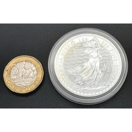 95 - 1 TROY OZ FINE SILVER 999 BRITANNIA 2022 2 POUND COIN 31.2G WITH CASING  Ref: A/S 1104