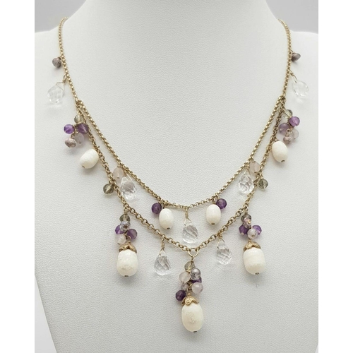 35 - A magnificent EDWARDIAN STYLE SILVER NECKLACE and EARRINGS SET. Having  AMETHYST,PEARL AGATE, and CR... 