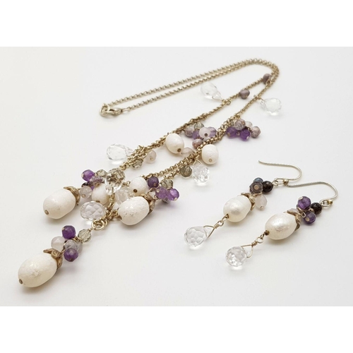 35 - A magnificent EDWARDIAN STYLE SILVER NECKLACE and EARRINGS SET. Having  AMETHYST,PEARL AGATE, and CR... 