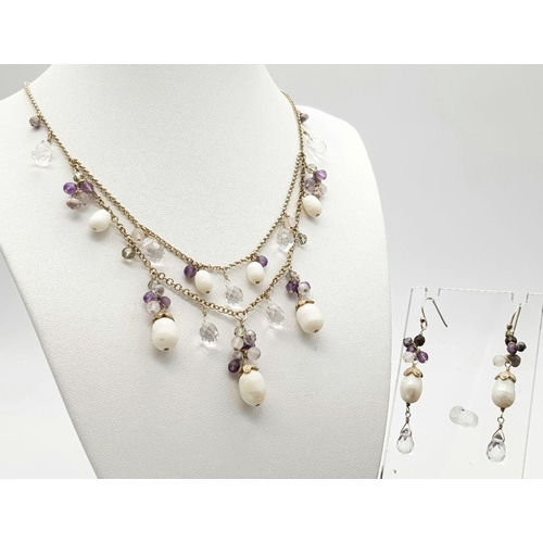 35 - A magnificent EDWARDIAN STYLE SILVER NECKLACE and EARRINGS SET. Having  AMETHYST,PEARL AGATE, and CR... 