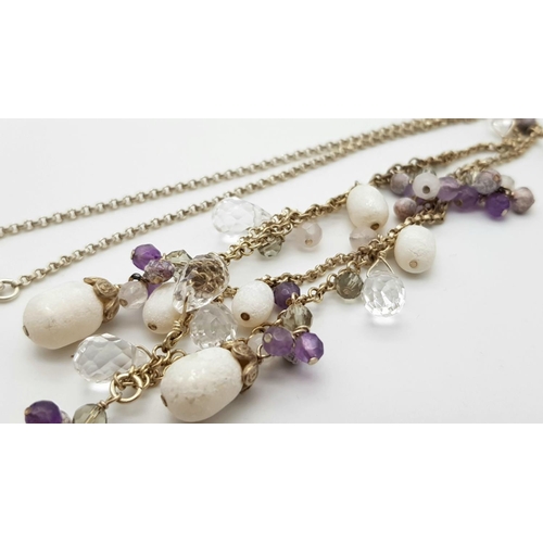 35 - A magnificent EDWARDIAN STYLE SILVER NECKLACE and EARRINGS SET. Having  AMETHYST,PEARL AGATE, and CR... 