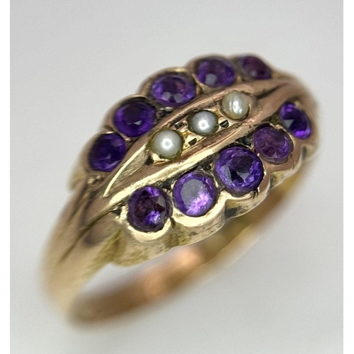 530 - A 15K YELLOW GOLD ANTIQUE PEARL & AMETHYST RING. 1.6G IN WEIGHT. SIZE L. HALLMARKED 1899 CHESTER. Re... 