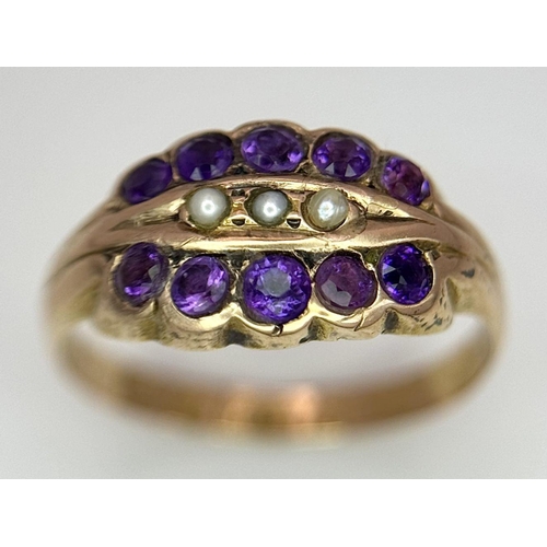 530 - A 15K YELLOW GOLD ANTIQUE PEARL & AMETHYST RING. 1.6G IN WEIGHT. SIZE L. HALLMARKED 1899 CHESTER. Re... 