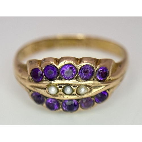 530 - A 15K YELLOW GOLD ANTIQUE PEARL & AMETHYST RING. 1.6G IN WEIGHT. SIZE L. HALLMARKED 1899 CHESTER. Re... 