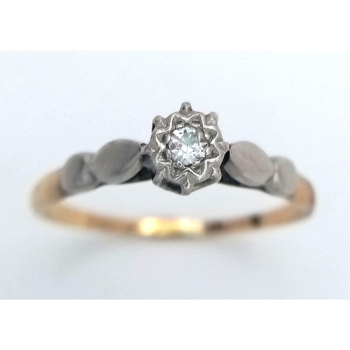 797 - A 9K YELLOW GOLD & PLATINUM VINTAGE DIAMOND SOLITAIRE RING. 1.9G IN WEIGHT. SIZE P. Ref: SC 5051.