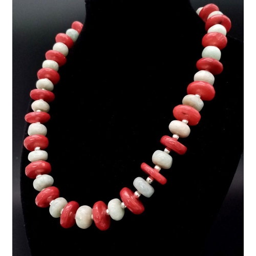 174 - An exotic looking necklace and earrings set with Russian amazonite and Pacific red coral rondel bead... 