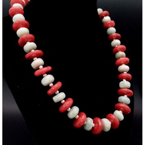 174 - An exotic looking necklace and earrings set with Russian amazonite and Pacific red coral rondel bead... 