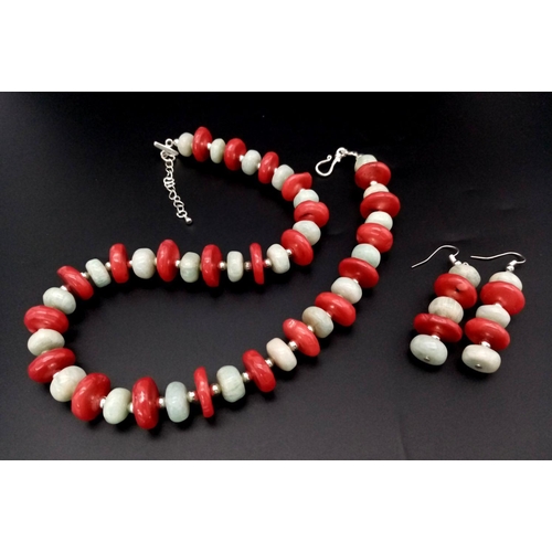 174 - An exotic looking necklace and earrings set with Russian amazonite and Pacific red coral rondel bead... 