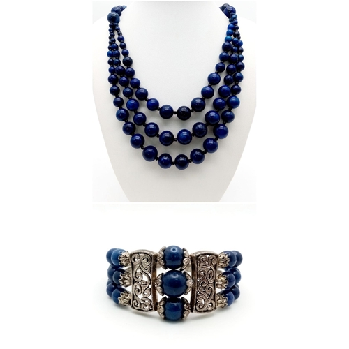 195 - A vintage, three strand necklace and bracelet set with round lapis lazuli beads of graduating size. ... 