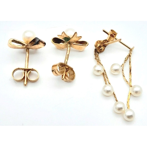 323 - Two 9K Gold  Pairs of Pearl Earrings. 1.7g total weight. JM13.