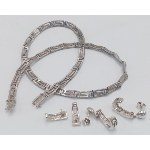 383 - A Silver Bundle including: Aztec Style Necklace and 2 pairs of matching Studs Earrings. 39.6g total ... 