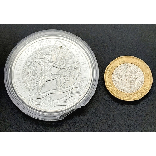 393 - 1 TROY OZ FINE SILVER 999 ROBIN HOOD 2021 2 POUND COIN 31.2G WITH CASING  Ref: A/S 1102