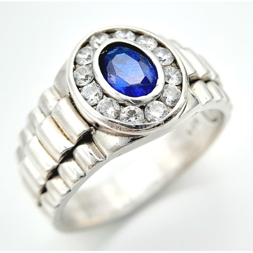 407 - A/S 1110	STERLING SILVER ROLEX STYLE RING SET WITH WHTE AND BLUE STONES 8.4G SIZE W, Ref: A/S 1110