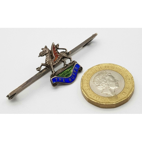 434 - Antique SILVER SWEETHEART BROOCH. KENT ‘BUFFS’ REGIMENT. Having a Silver Dragon with red, blue, and ... 