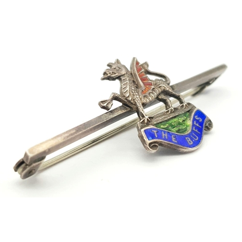 434 - Antique SILVER SWEETHEART BROOCH. KENT ‘BUFFS’ REGIMENT. Having a Silver Dragon with red, blue, and ... 