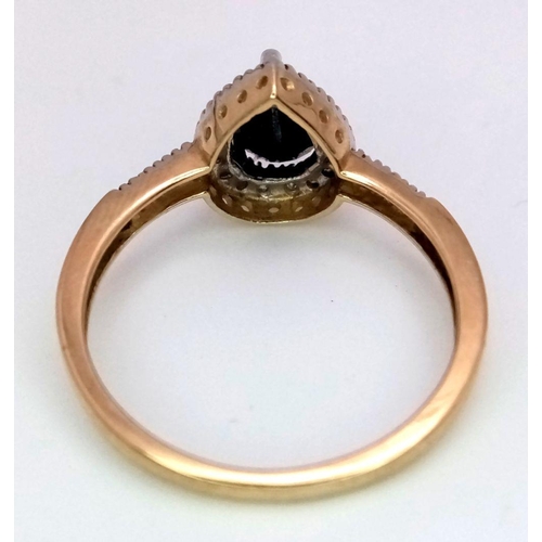 484 - A 9K Yellow Gold Onyx and Small Diamond Ring. Teardrop centre-stone. Size P. 2.2g