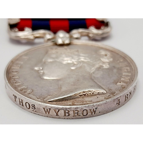 515 - An India General Service Medal 1854 with clasp ‘Jowaki 1877-8’ named to: 900 Pte Thos Wybrow 4 Bn Ri... 