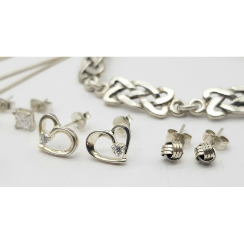 701 - A Silver Bundle including, Celtic Style Bracelet, CZ Necklace and 4 pairs of Stud earrings. 24.8g to... 