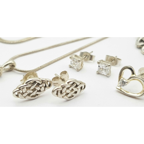 701 - A Silver Bundle including, Celtic Style Bracelet, CZ Necklace and 4 pairs of Stud earrings. 24.8g to... 