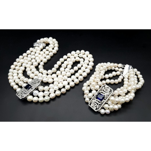 125 - A very elegant, good quality pearl necklace and bracelet set consisting of a three-strand white cult... 