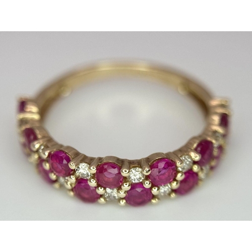 418 - A 9K YELLOW GOLD DIAMOND & RUBY 2 ROW BAND RING 0.20CT 1.56G IN WEIGHT. SIZE I. Ref: 8257.