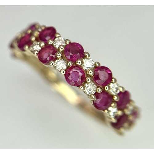 418 - A 9K YELLOW GOLD DIAMOND & RUBY 2 ROW BAND RING 0.20CT 1.56G IN WEIGHT. SIZE I. Ref: 8257.