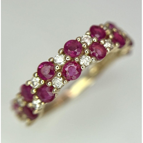 418 - A 9K YELLOW GOLD DIAMOND & RUBY 2 ROW BAND RING 0.20CT 1.56G IN WEIGHT. SIZE I. Ref: 8257.