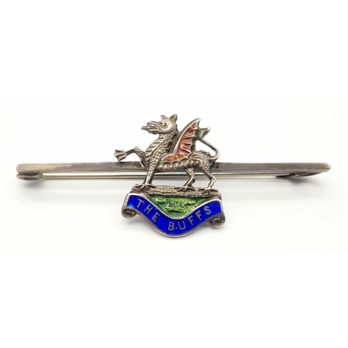 434 - Antique SILVER SWEETHEART BROOCH. KENT ‘BUFFS’ REGIMENT. Having a Silver Dragon with red, blue, and ... 